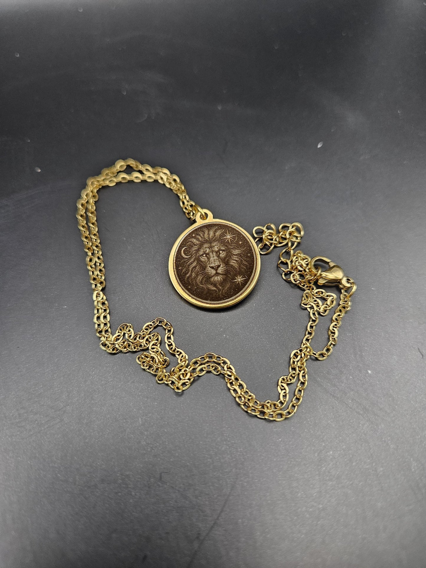 Celestial Lion Pendant – Engraved 18K Gold Plated Charm | Zodiac Leo Medallion | Hand-Finished Laser Etching