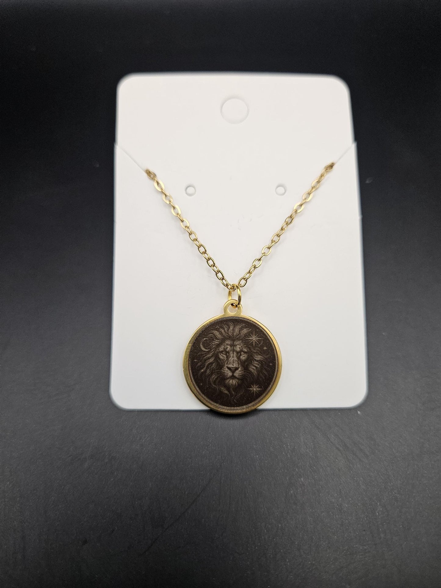 Celestial Lion Pendant – Engraved 18K Gold Plated Charm | Zodiac Leo Medallion | Hand-Finished Laser Etching