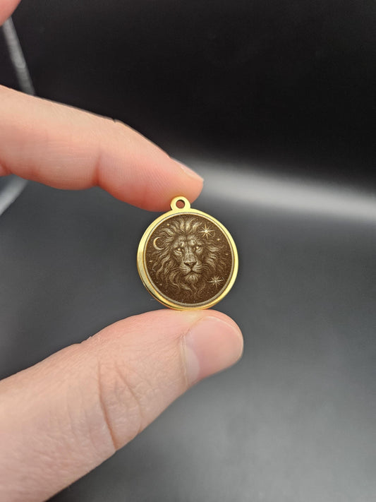 Celestial Lion Pendant – Engraved 18K Gold Plated Charm | Zodiac Leo Medallion | Hand-Finished Laser Etching