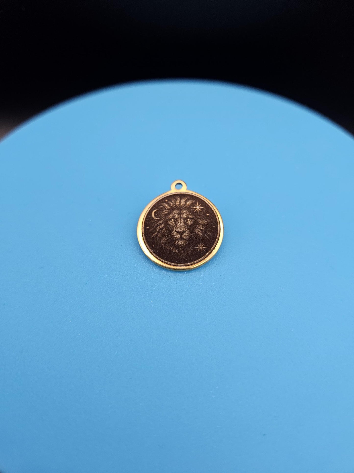 Celestial Lion Pendant – Engraved 18K Gold Plated Charm | Zodiac Leo Medallion | Hand-Finished Laser Etching