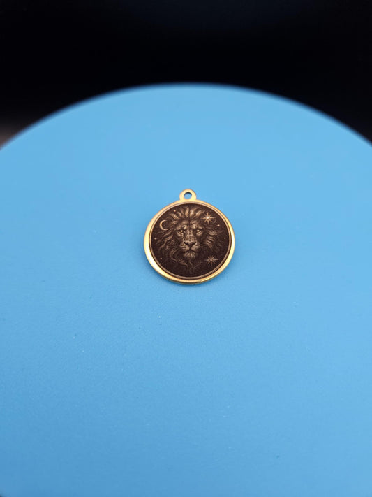 Celestial Lion Pendant – Engraved 18K Gold Plated Charm | Zodiac Leo Medallion | Hand-Finished Laser Etching